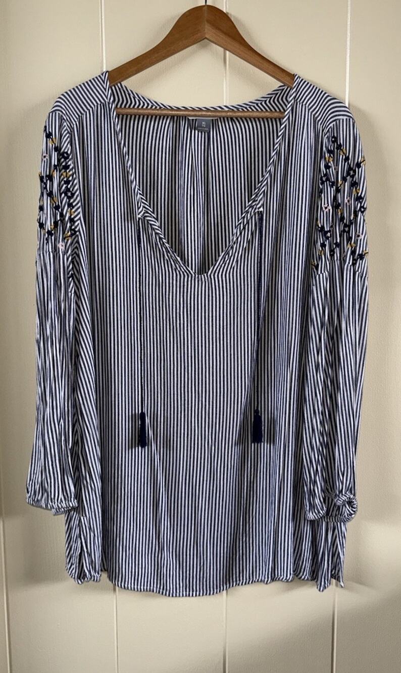 Old Navy The Tunic Shirt Women's XL Blue Stripe Embroidered Balloon Sleeve BOHO